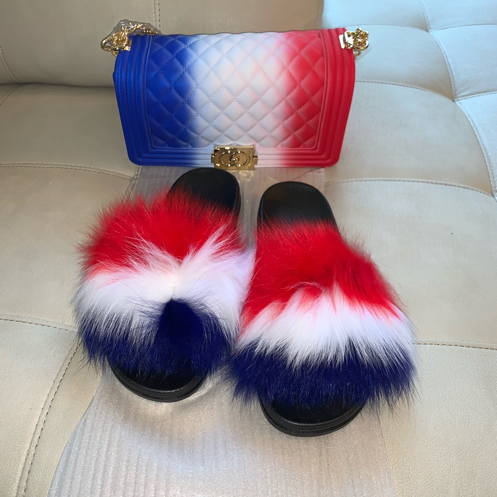 Purse and fox fur slides
